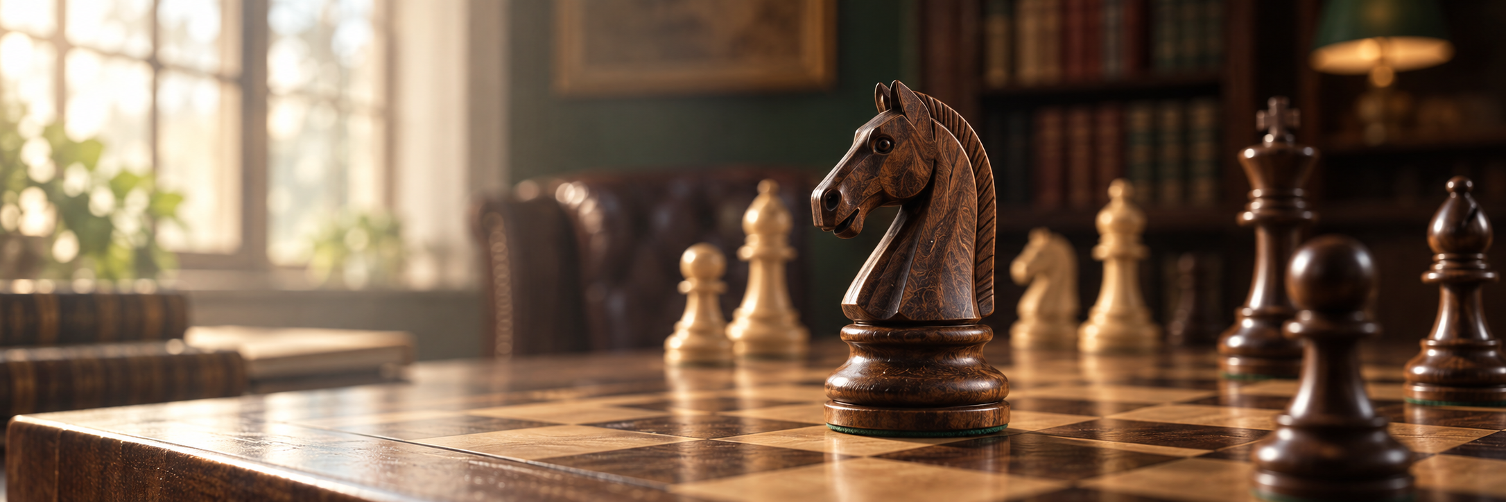 A carved wooden knight on a chessboard